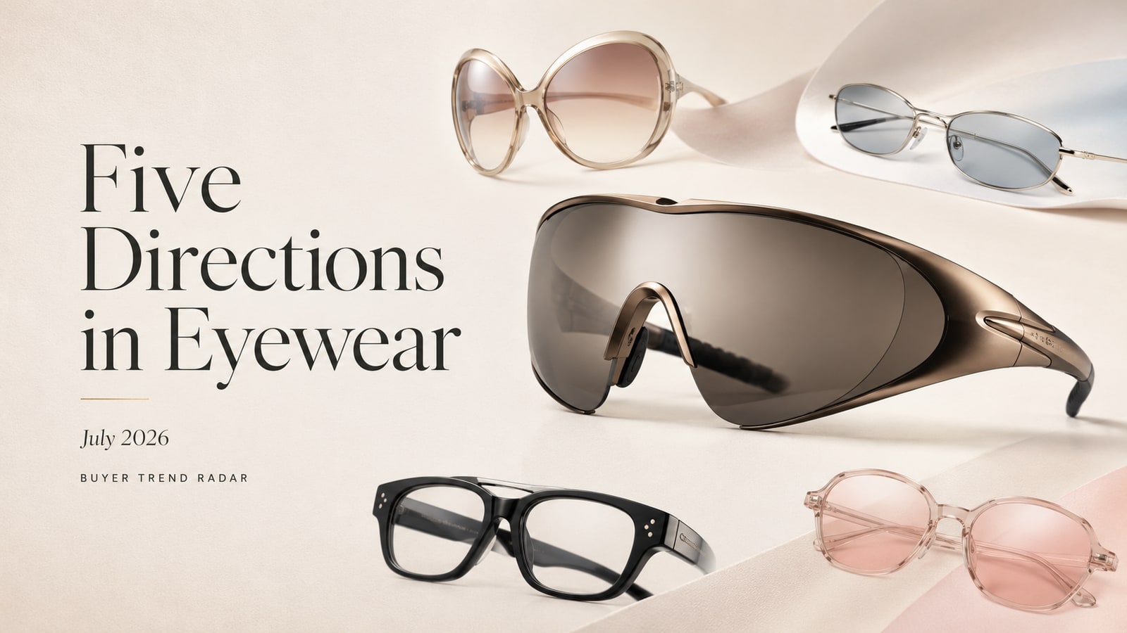 July 2026 eyewear fashion radar showing five sunglasses trend directions for brand buyers
