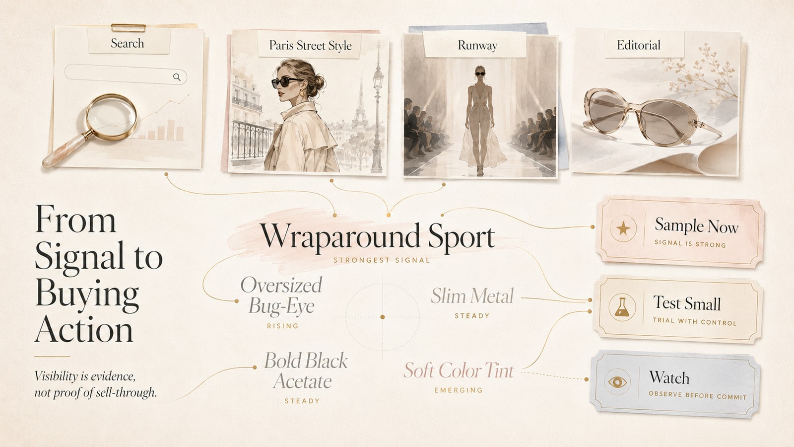 Eyewear trend evidence translated into sample test and watch actions