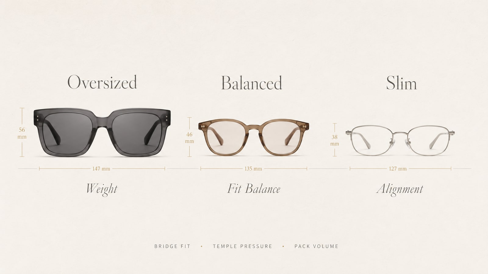 Oversized balanced and slim sunglasses proportions compared for buyers