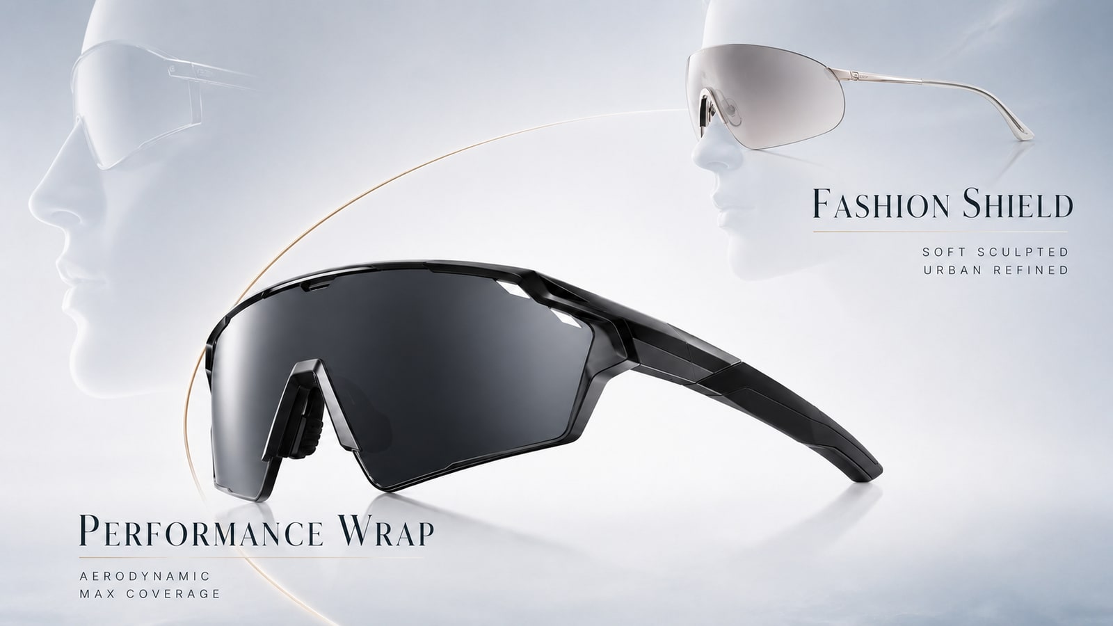 Performance wrap sunglasses compared with a softer fashion shield interpretation