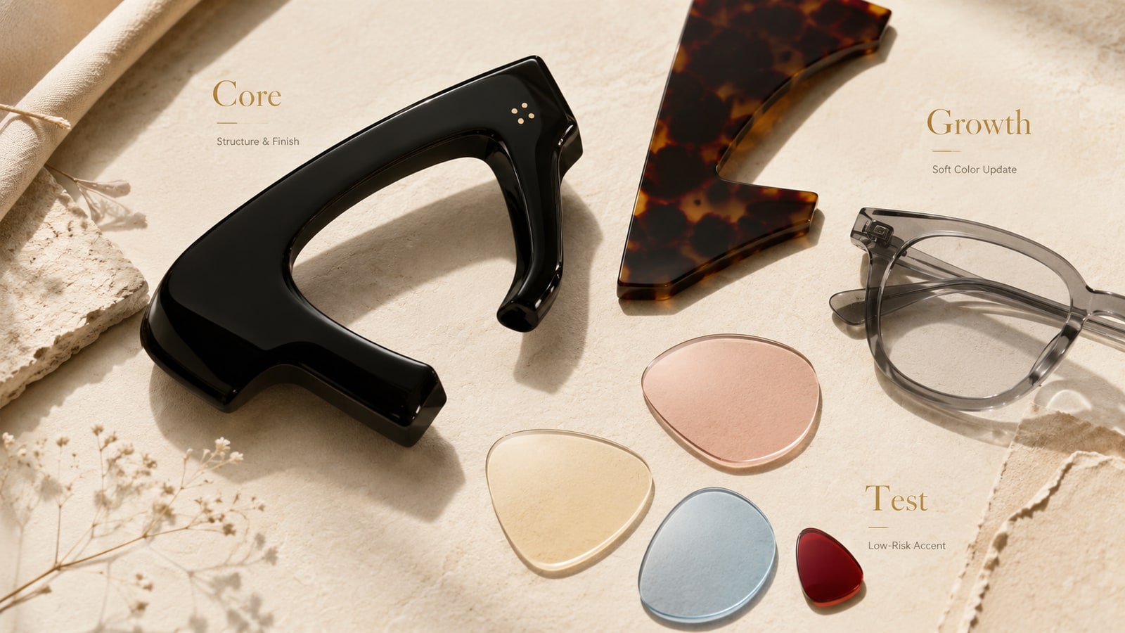 Sunglasses material and color selection board for core growth and test styles