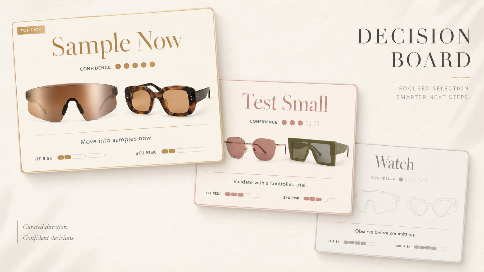Eyewear buyer decision board for sample now test small and watch actions