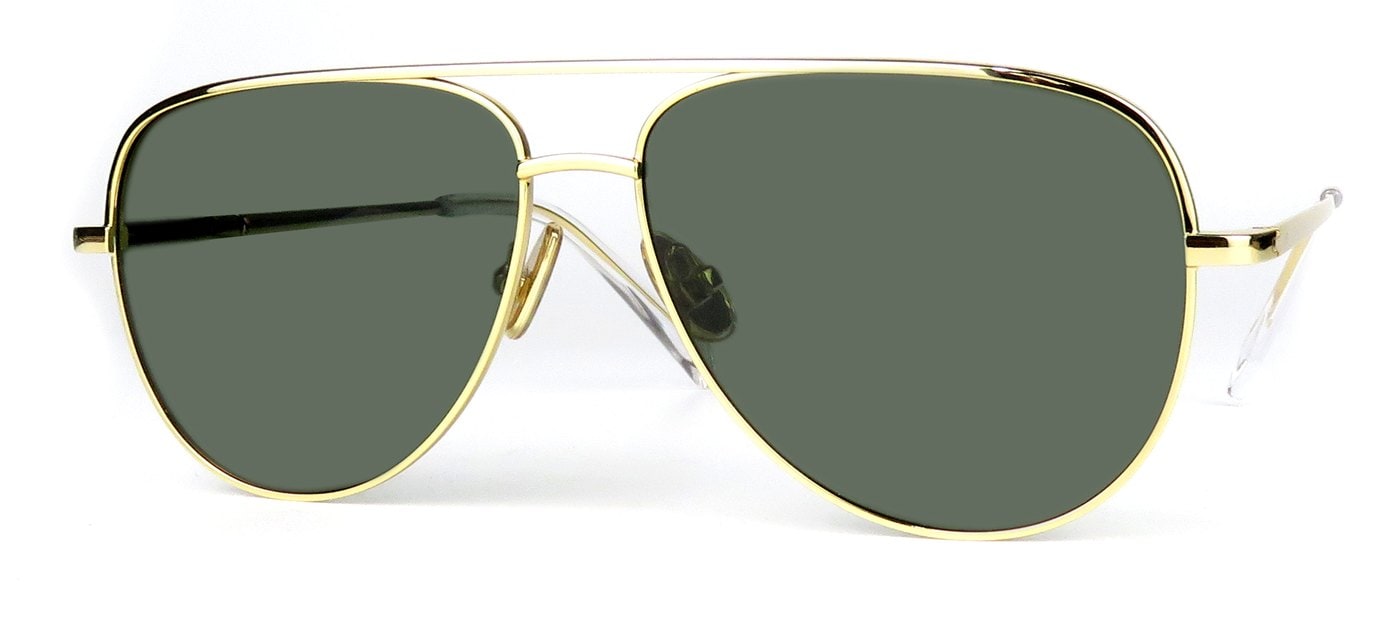 Metal sunglasses frame structure with bridge, rim, lenses, nose pads, and temples