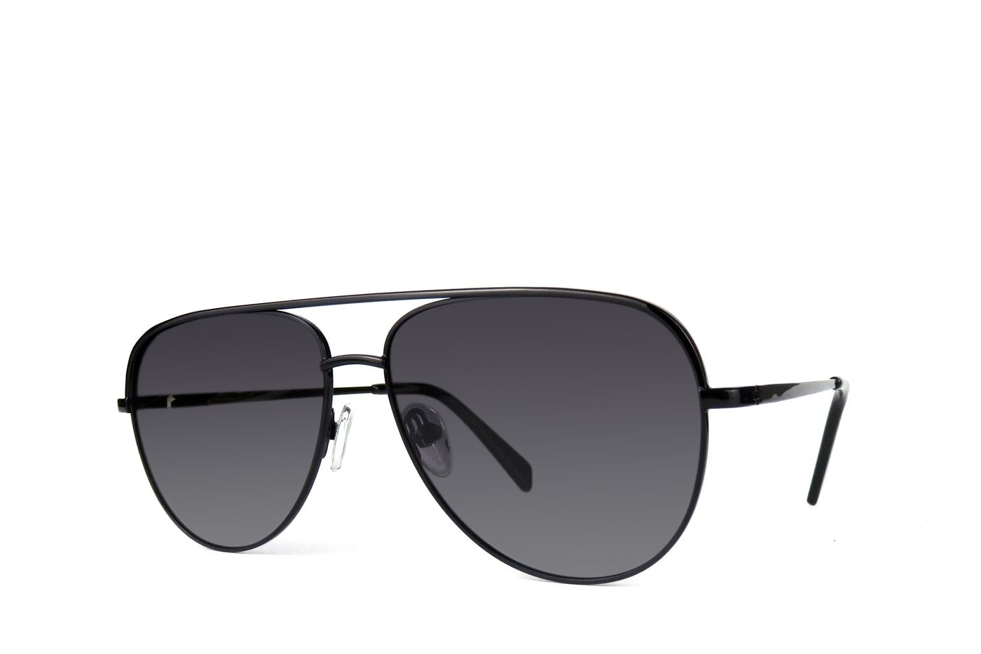 Black metal sunglasses showing bridge, top bar, lens fitting, and surface finish