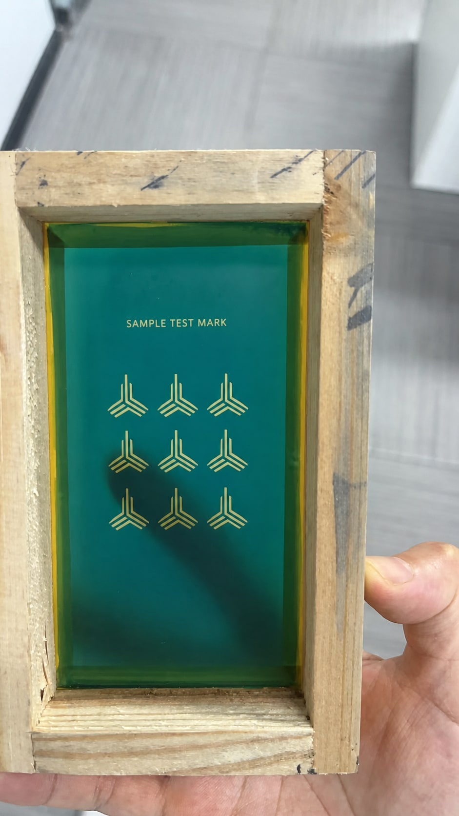 Screen-printing stencil prepared for an eyewear temple logo