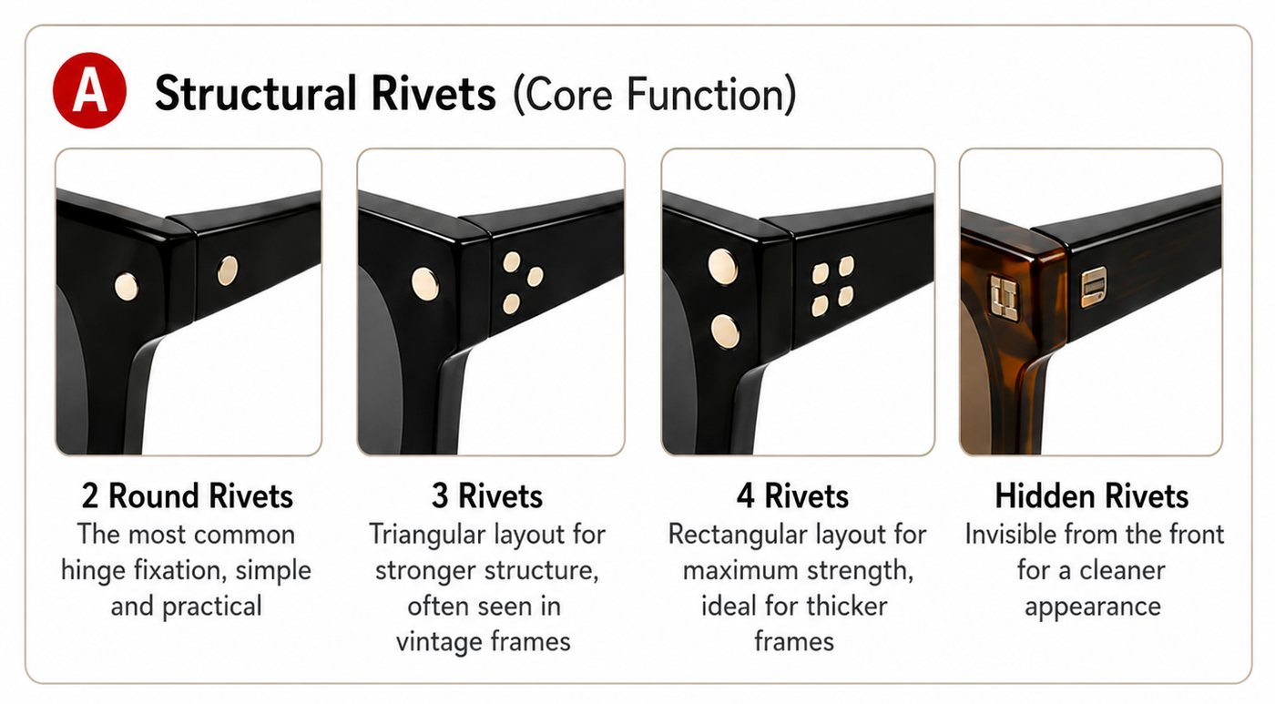 Structural rivet options for acetate sunglasses customization
