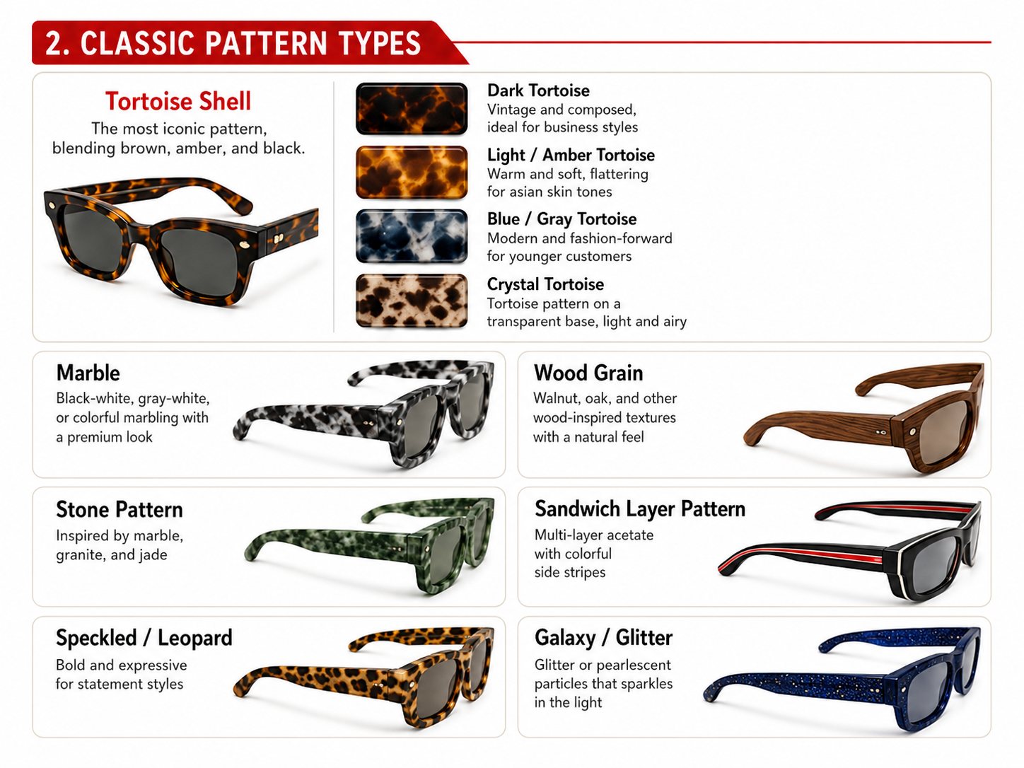 Acetate sunglasses frame color categories for custom eyewear projects