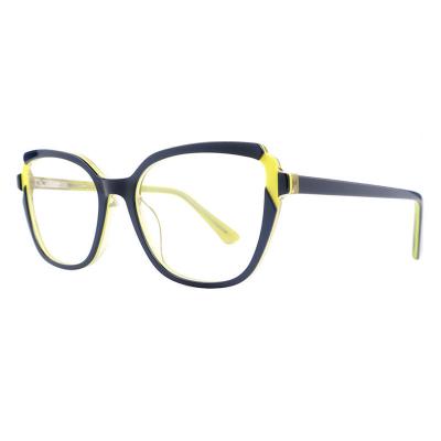 A20353(1) Women's Hand Polished navy blue with yellow accents Acetate Full Rim Cat Eye Modern Sunglasses Eyewear