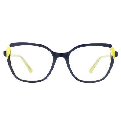 A20353(1) Women's Hand Polished navy blue with yellow accents Acetate Full Rim Cat Eye Modern Sunglasses Eyewear