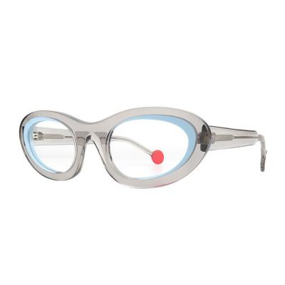 A20365(1) Unisex Durable silver metallic with light blue inner accent Acetate Full Rim Oval Modern Sunglasses Eyewear