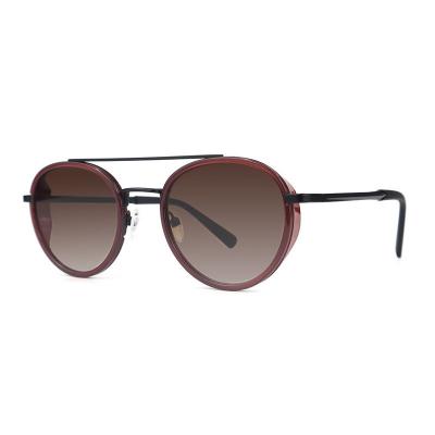 H10337(1) Unisex Premium Quality burgundy/wine with black metal accents Hybrid Full Rim Round Modern Sunglasses Eyewear