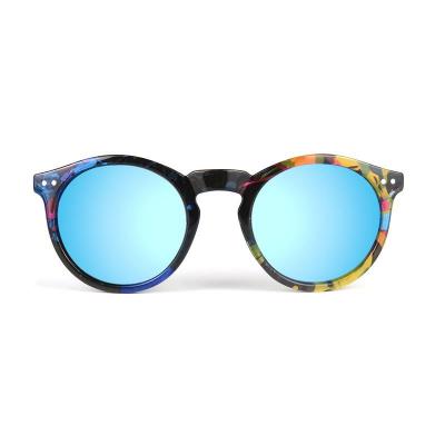 P10618 multicolor (black base with blue/yellow/orange/pink abstract pattern) round pc/tr90 sunglasses