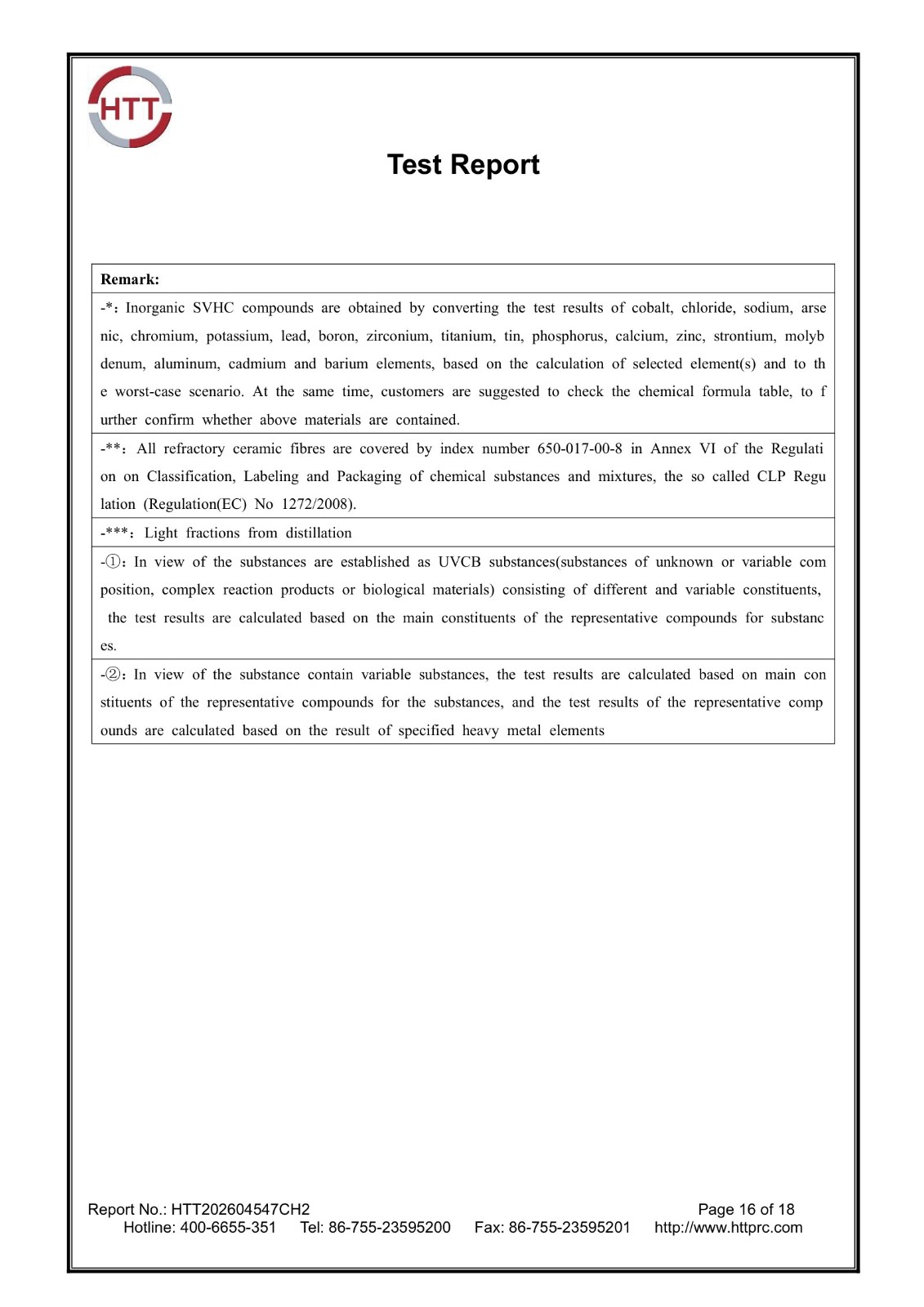 REACH 253 SVHC report HTT202604547CH2 page 16 of 18