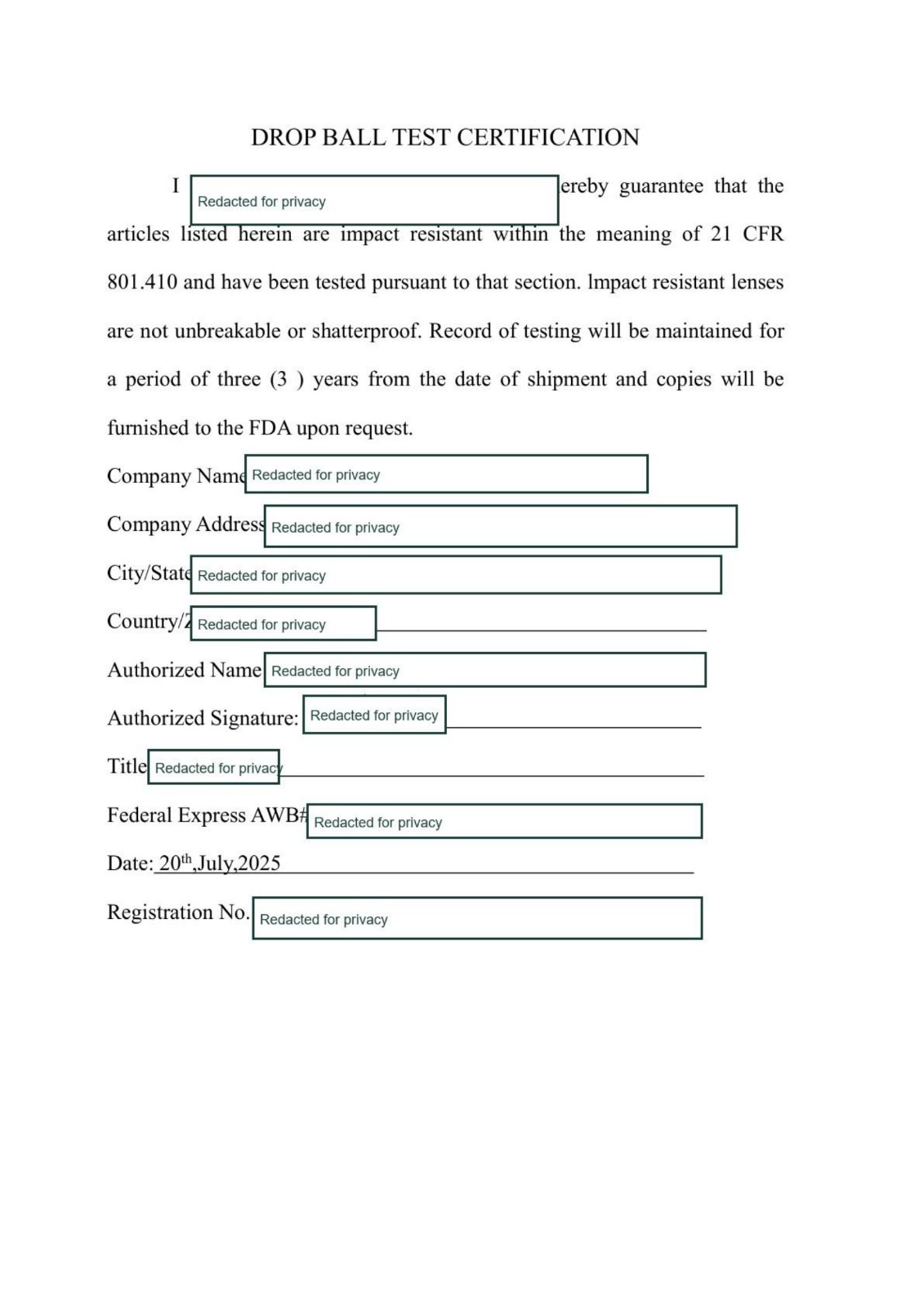 First page of Drop-ball impact-resistance declaration, record 21 CFR 801.410 declaration
