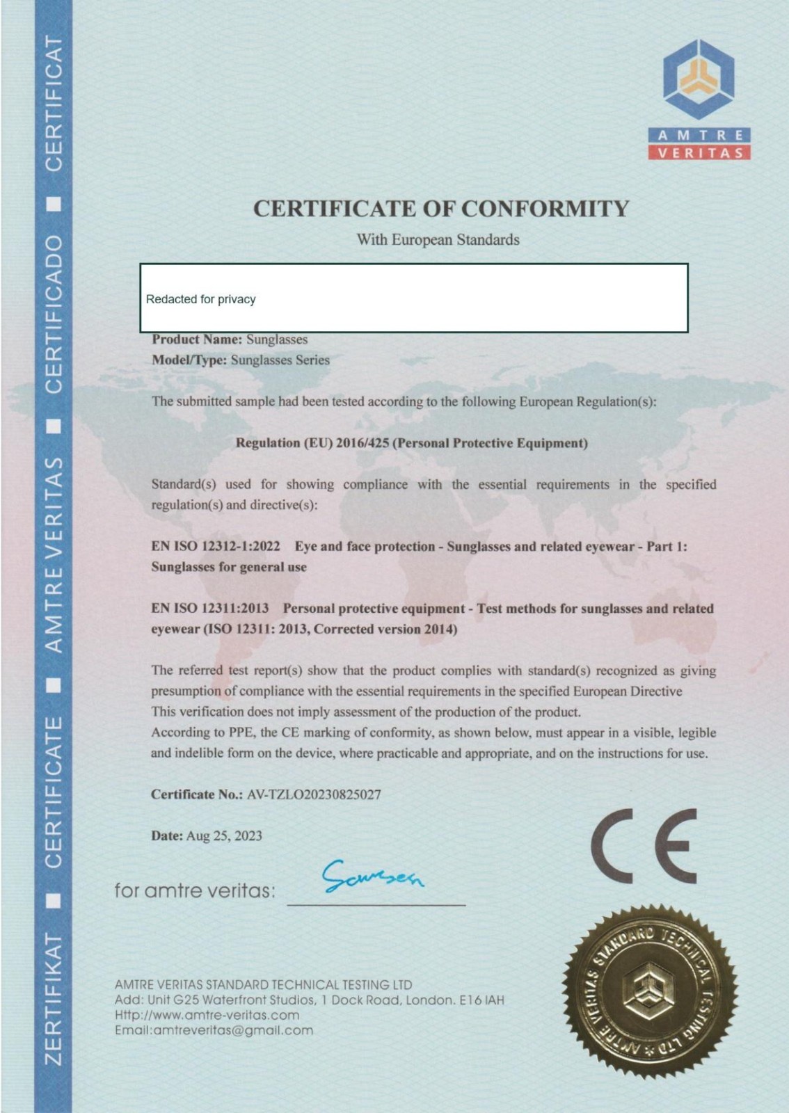 First page of Sunglasses PPE evidence, record AV-TZLO20230825027