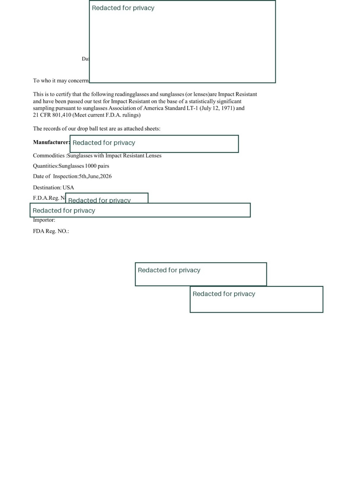 First page of Drop-ball impact-resistance test report, record Inspection 2026-06-05
